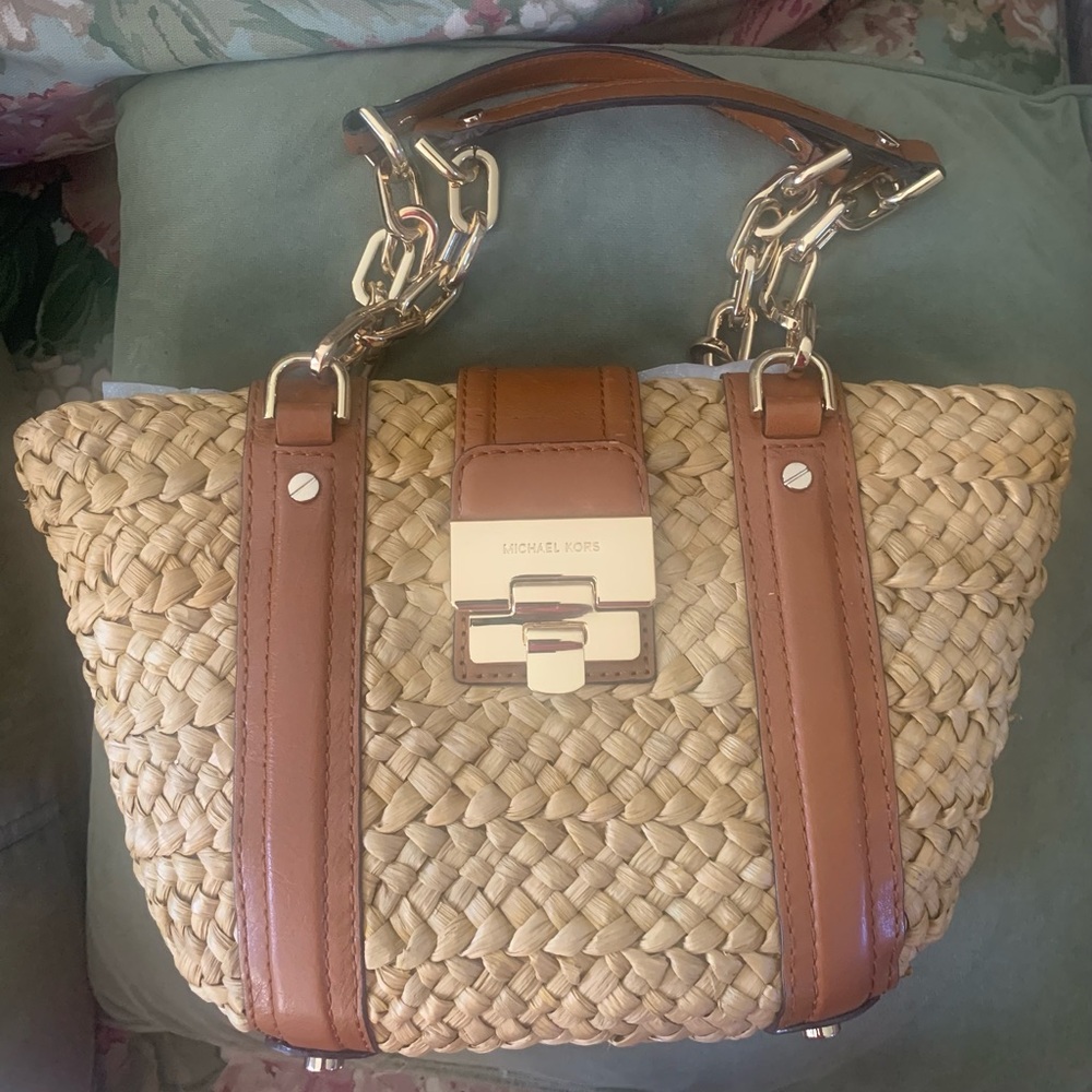 Michael Kors Woven Straw and Brown Leather Tote Bag